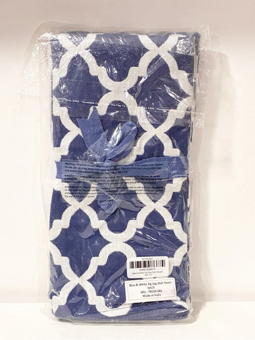 MacKenzie-Childs Blue & White Zig Zag Kitchen Dish Towels Set of 3 NEW